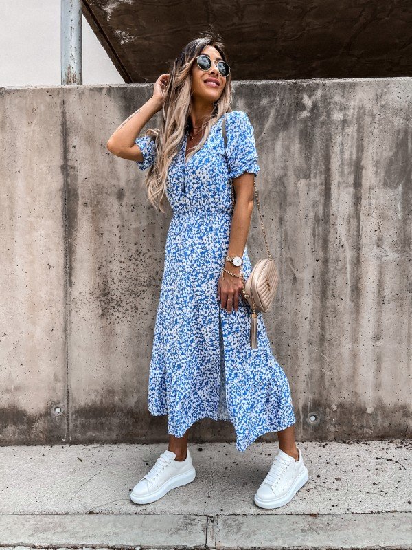 Becca Blue Floral Print Button Midi Dress